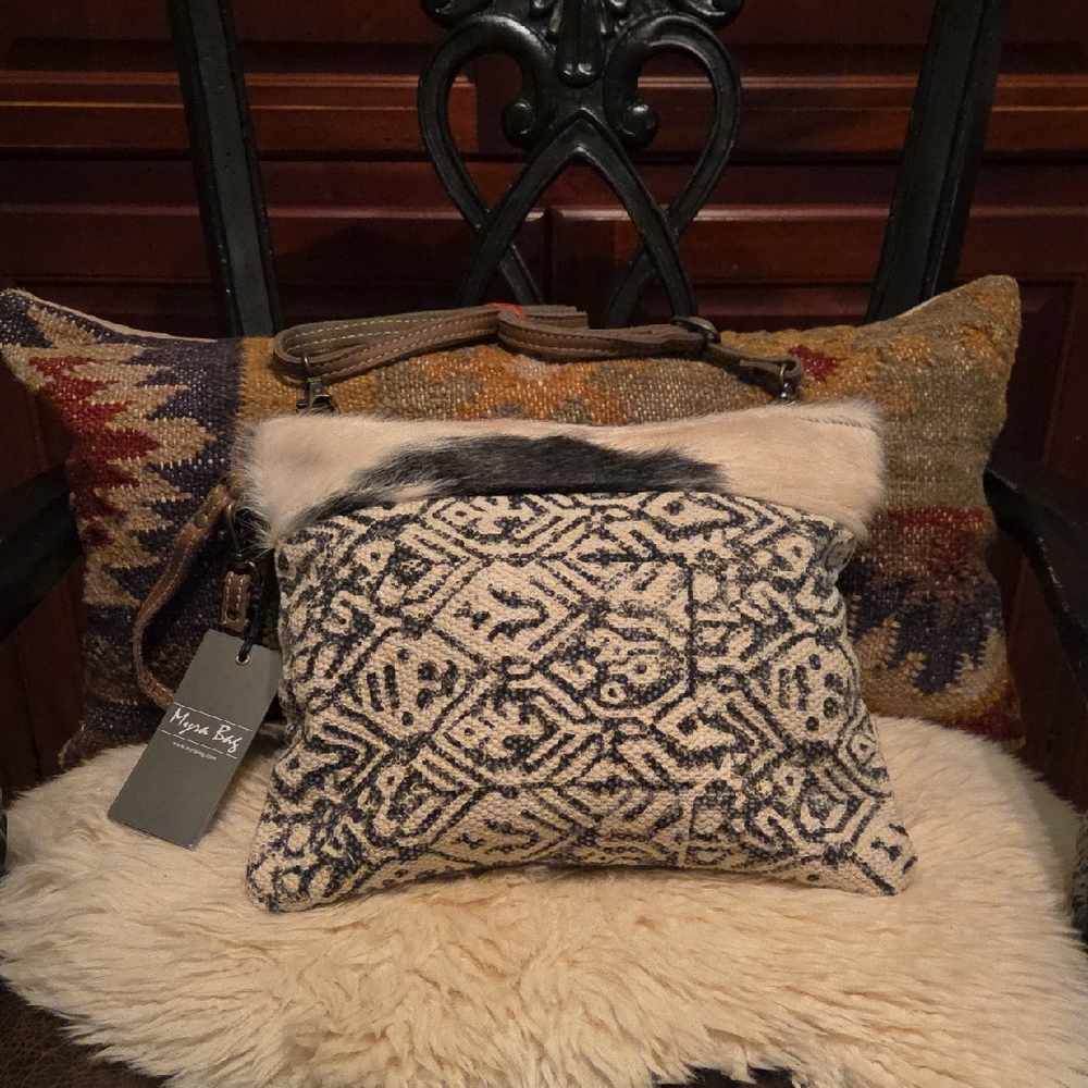 NWT Myra Leather Canvas Cowhide Cotton Rug Purse.